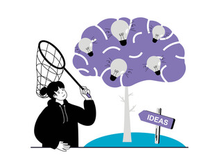 Poster - startup concept with character situation. woman catching new ideas for business development, brainst