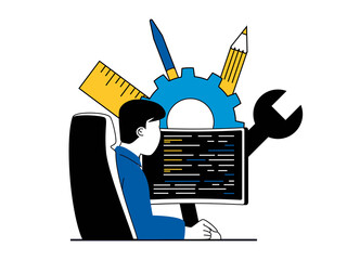 Aufkleber - Web development concept with character situation. Man working with programming code at computer, testing and settings, creates sites. Illustrations with people scene in flat design for web