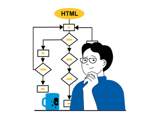 Web development concept with character situation. Man developer coding and creates algorithms, finding solutions and settings project. Illustrations with people scene in flat design for web