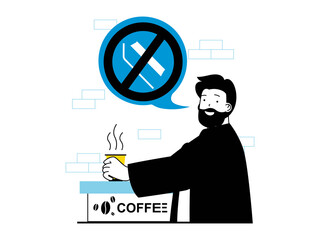 Leinwandbilder - Zero waste concept with character situation. Man drinks coffee from paper cup and refuses plastic straws, care ecology and environment. Illustrations with people scene in flat design for web