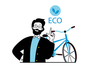 Leinwandbilder - Zero waste concept with character situation. Man cares about environment and ecology of planet, rides bicycle and leads healthy lifestyle. Illustrations with people scene in flat design for web