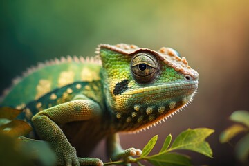 Poster - Macro shots, green chameleon in a beautiful natural scene. Generative AI