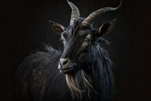 A Black Goat With Long, Curved Horns On A Black Background. Generative AI