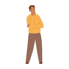Poster - Thinking pensive man holding hand on chin. Isolated man entrepreneur or businessman with startup idea. Young person with innovative thought. Vector in flat style