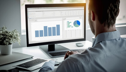 Poster - In a contemporary office, an accountant uses spreadsheet software to create financial reports and charts. Analysis of data, bookkeeping, and auditing - Generative AI