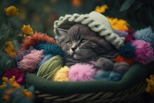 A Small Gray Kitten Sleeping In A Basket Of Multicolored Dahlias. The Kitten Is Standing On Green Grass With A Multicolored Hat And Scarf Around His Neck. Cozy Autumn Concept. Generative AI
