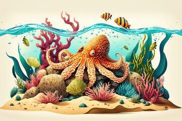  cartoons of Beautiful octopus, coral and colorful reefs and algae on sand. 3d illustration of sea landscape. (ai generated)