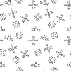 Vector seamless pattern of wrench, spanner, gear, cogwheel on white background. It can be used for printing on various surfaces