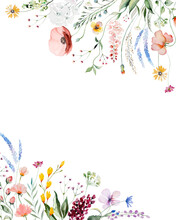 Border Made Of Watercolor Wild Flowers And Leaves, Summer Wedding And Greeting Illustration