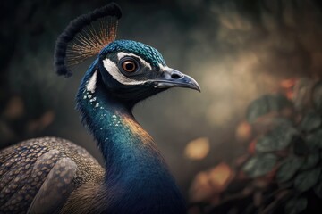 Sticker - A picture of a beautiful peacock in the wild. Peacock in more detail. Portrait animal. Generative AI