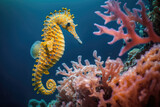 Fototapeta  - Image for 3d floor. Underwater world. Seahorse. corals. (ai generated)