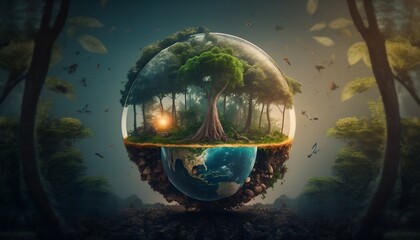 Wall Mural - Earth Day, Forest with Water in Glass Globe Sphere