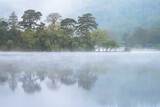Fototapeta Na ścianę - Peaceful morning at lake with mist rising from water and calm reflections of trees. Rydal Water, Lake District, UK.