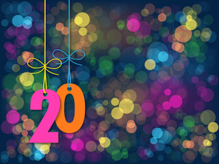 Wall Mural - No 20 suspended by string on background of colorful bokeh lights