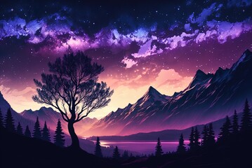 Wall Mural - depiction of a lovely nighttime scene with trees and mountains set against a foggy, purple sky and twinkling stars. Generative AI