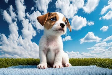 Sticker - On a clear summer day, a cute puppy sits on a soft rug against a background of green trees, blue sky, and clouds. Close up. Pet care concept. Generative AI