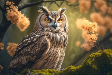 Poster - The Eurasian eagle owl in the wild in the spring. Generative AI