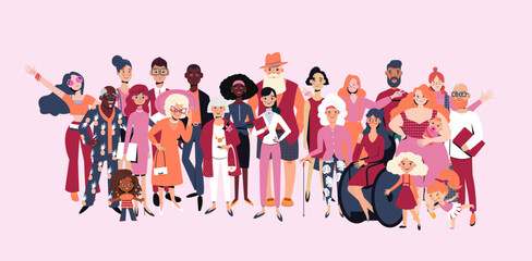 Big group of diverse people joined with happiness. Disabled and different persons. Social diversity, relationship, human resorces, large family group. color palette 2023
