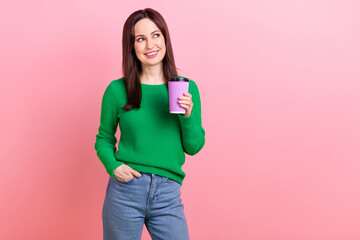 Sticker - Photo of gorgeous lovely lady arm hold coffee cup look empty space imagine isolated on pink color background