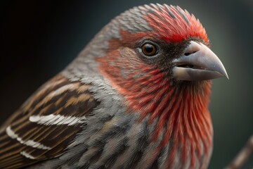 Sticker - A close up of the face of a male house finch. Its feathers are bright red, with brown and white stripes, and its beak is strong. The bird is perched on the black metal bar in a suburban yard and is lo