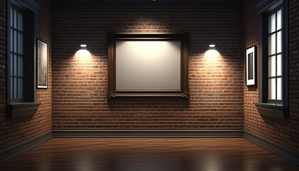 Empty and nobody gallery room with white clear picture wooden frame sample for mockup and billboard. Red brick wall and spot lights in the background, 8k, realistic photo, high detailed. Generative AI