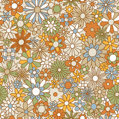 Wall Mural - Fun retro brown and green floral print illustration