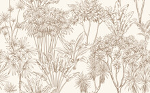 Vintage Seamless Pattern With Tropical Trees. Monochrome Botanical Illustration. Vector Foliage Design In Linear Stile.