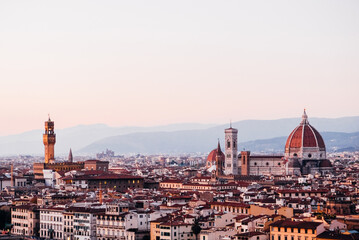 Panoramic view of Florence from Piazzale Michelangelo square. Italian travel destination and landmark, tourist attraction.