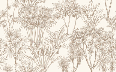 vintage seamless pattern with tropical trees. monochrome botanical illustration. vector foliage desi