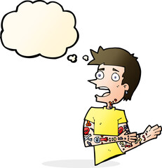 cartoon man with tattoos with thought bubble