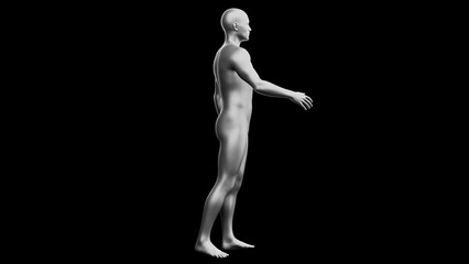 Beautiful young man posing, isolated on black background. 3d illustration (rendering). Silver mannequin, android