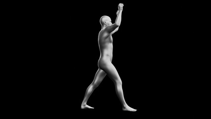 Beautiful young man posing, isolated on black background. 3d illustration (rendering). Silver mannequin, android