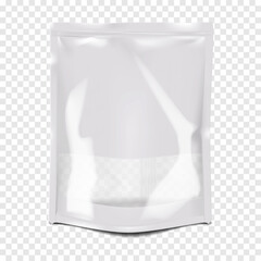 Wall Mural - Glossy resealable plastic bag with clear window and zip lock on transparent background vector mock-up. Empty blank zipper stand-up pouch realistic mockup. Food package template