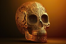 Golden Brown Mexican Decorative Sugar Skull On Brown Background, Created Using Generative Ai Technology