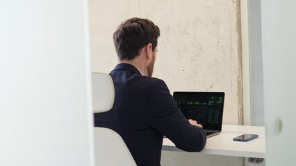 Programmer dressed in business attire working in an isolated room, typing on laptop, writing code. The room is quiet free of distractions, allowing the programmer to focus completely on their work. 
