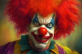 Close up of scary smiling clown in red wig, created using generative ai technology