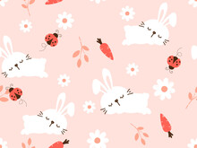 Seamless Pattern With Sleeping Bunny Rabbit, Branch, Ladybird Cartoons And Daisy Flower On Pink Background Vector Illustration. Cute Childish Print.