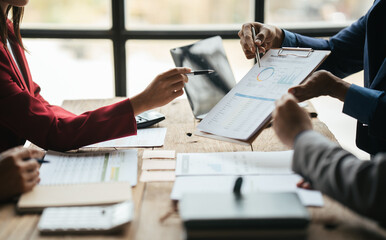 Poster - business adviser meeting to analyze and discuss the situation on the financial report in the meeting room.Investment Consultant, Financial advisor and accounting concept