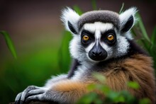 A Close Up Photo Of A Lemur Relaxing In Green Grass. Generative AI