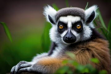 Wall Mural - A close up photo of a lemur relaxing in green grass. Generative AI