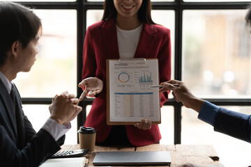 Poster - business adviser meeting to analyze and discuss the situation on the financial report in the meeting room.Investment Consultant, Financial advisor and accounting concept