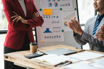 Poster - business adviser meeting to analyze and discuss the situation on the financial report in the meeting room.Investment Consultant, Financial advisor and accounting concept