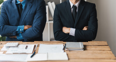 Poster - business adviser meeting to analyze and discuss the situation on the financial report in the meeting room.Investment Consultant, Financial advisor and accounting concept