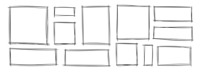 Doodle squares, blank drawing frames isolated on white background. Vector illustration.
