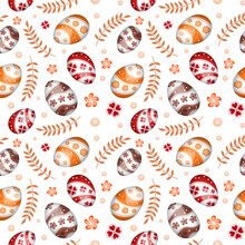 Seamless Easter Background Pattern Of Realistic White Eggs And Painted Leaves On White Background. Festive Design For Printing, Fabric, Wallpaper, Post, Poster, Flyer, Cover, Postcard, Packaging Paper