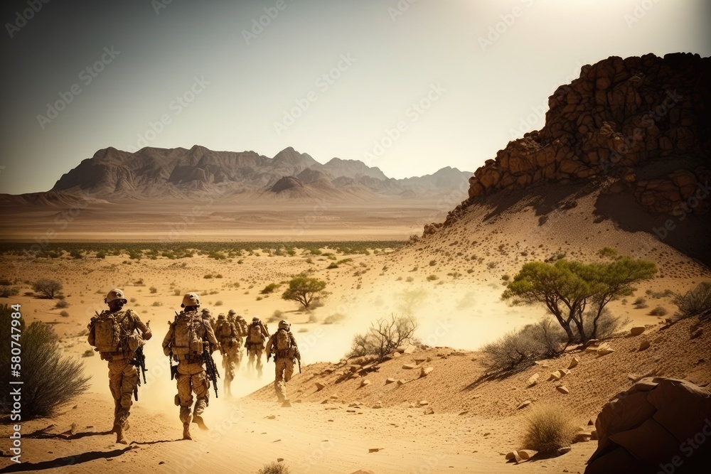 Soldiers squad with fully equipped and armed in a military operation in ...