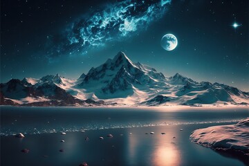 Wall Mural - Winter mountains near the river against the backdrop of the night and the big moon AI