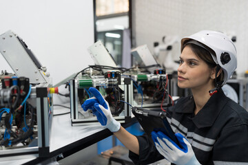 Female engineer control autonomous mobile robot or AMR in the manufacturing automation and robotics in workshop. Woman engineer checking, testing or maintenance AI robot