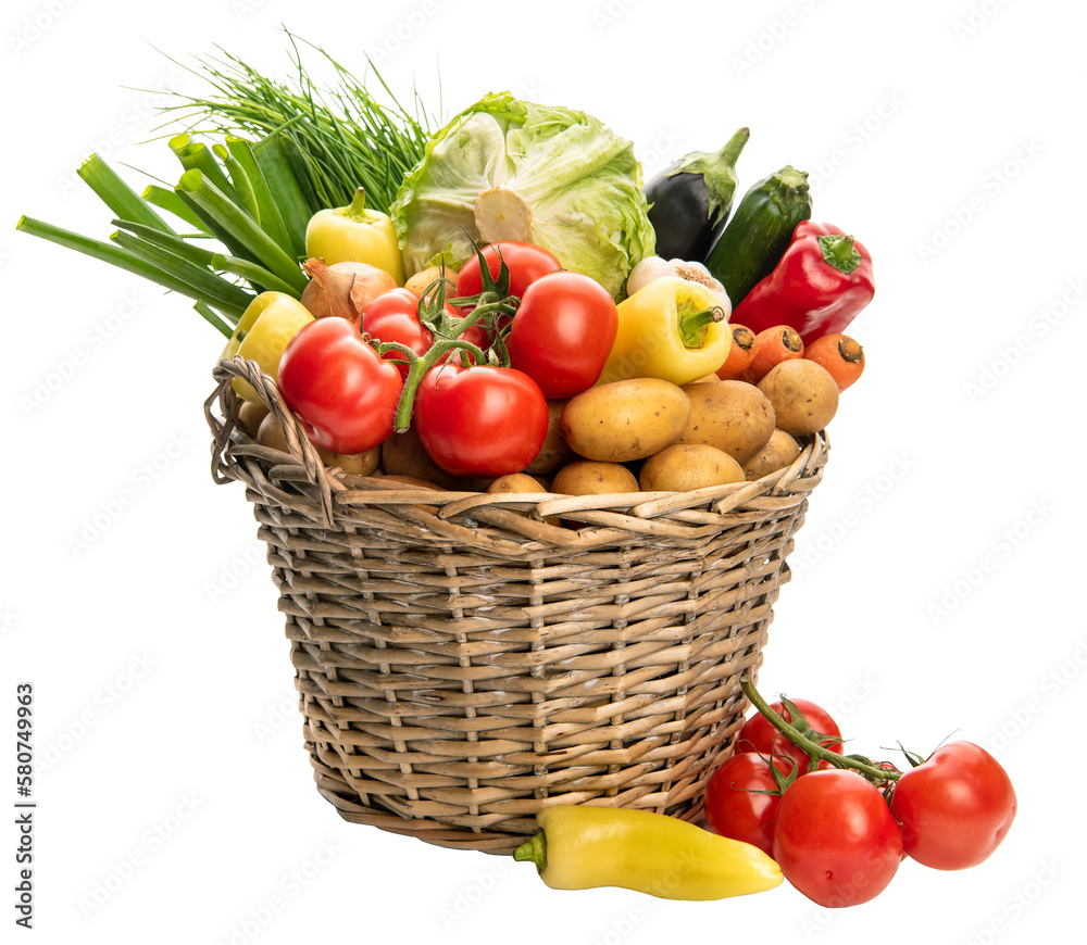PNG Basket with vegetables. Potatoes, onions, tomatoes, cabbage and other  vegetables Stock Photo | Adobe Stock, image size:1000x870