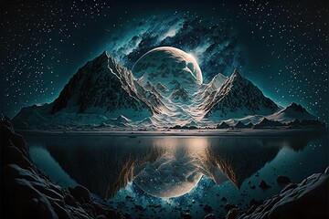 Canvas Print - Winter mountains near the river against the backdrop of the night and the big moon AI